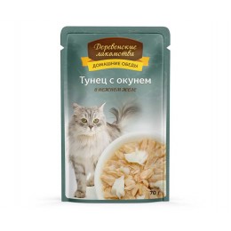 Влажный корм для кошек "Деревенские лакомства" Тунец с окунем в нежном желе, пауч 70 гр.