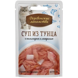 Деревенские лакомства для кошек Суп из тунца с кальмаром и макрелью, пауч, 35 г