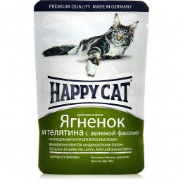 Happy Cat влажный корм для взрослых кошек ягнёнок, телёнок, зелёная фасоль в желе, пауч 100г