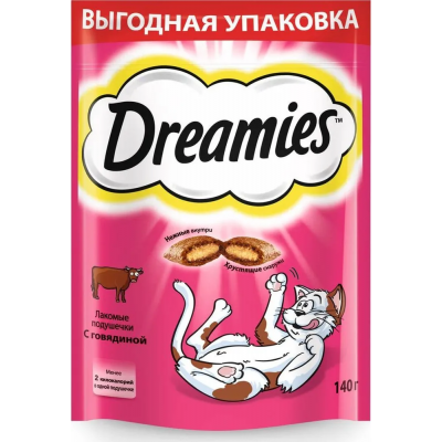 Лакомство Dreamies для взрослых кошек, подушечки с говядиной, 140 гр.