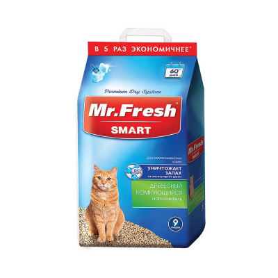 Комкующийся наполнитель для короткошерстных кошек, Mr. Fresh Smart, древесный, 9 л